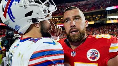 Buffalo Bills quarterback Josh Allen (17) greets Kansas City Chiefs tight end Travis Kelce (87) after a game at GEHA Field at Arrowhead Stadium.