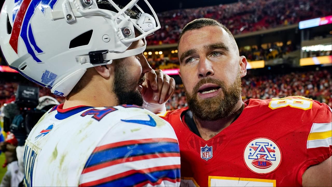 Buffalo Bills quarterback Josh Allen (17) greets Kansas City Chiefs tight end Travis Kelce (87) after a game at GEHA Field at Arrowhead Stadium.