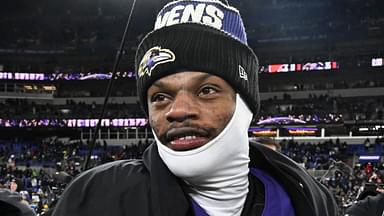 Baltimore Ravens quarterback Lamar Jackson (8) on the field after the game against the Cleveland Browns at M&T Bank Stadium.