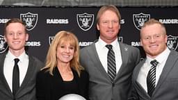 Jan 9, 2018; Alameda, CA, USA; Jon Gruden and wife Cindy Gruden pose with sons Deuce Gruden, Michael Gruden and Jon Gruden III pose at press conference after being introduced as Oakland Raiders head coach at the Raiders headquarters.