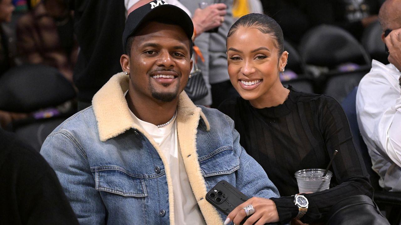 Cleveland Browns quarterback Deshaun Watson and girlfriend Jilly Anais attend the game between the Los Angeles Lakers and the Minnesota Timberwolves at Crypto.com Arena.