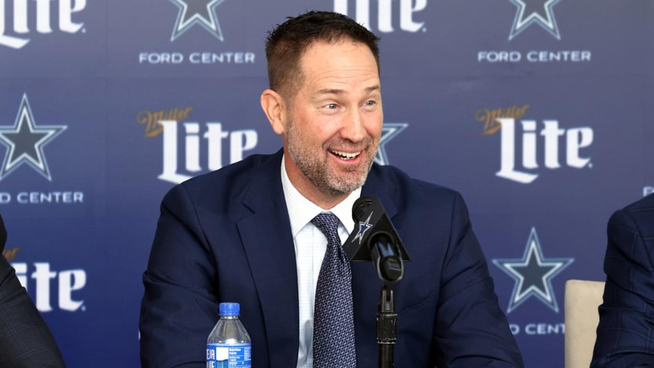 Jan 27, 2025; Frisco, TX, USA; (L to R) Dallas Cowboys CEO Stephen Jones, head coach Brian Schottenheimer and owner Jerry Jones speak to the media at a press conference at the Star.