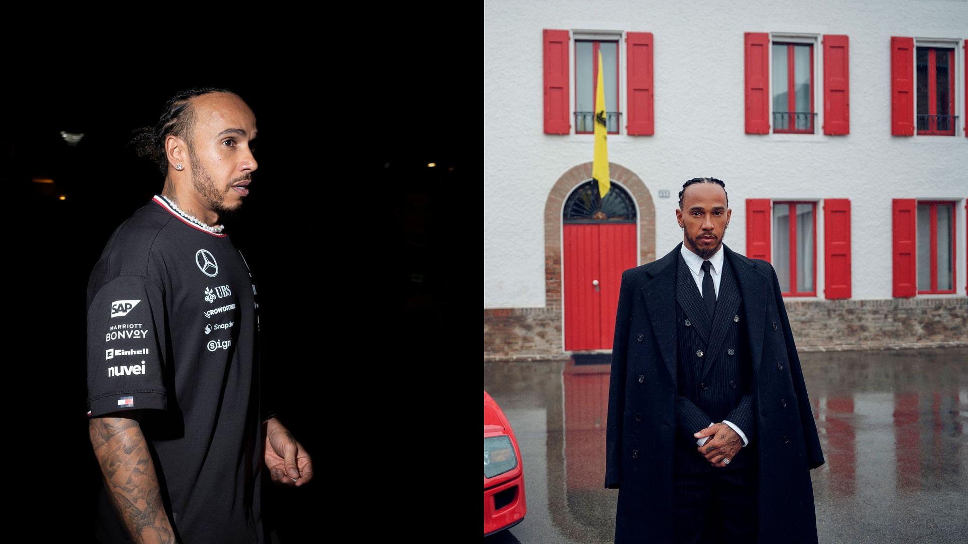 Lewis Hamilton (L), and Lewis Hamilton's Record Breaking Photograph in front of Enzo Ferrari's house