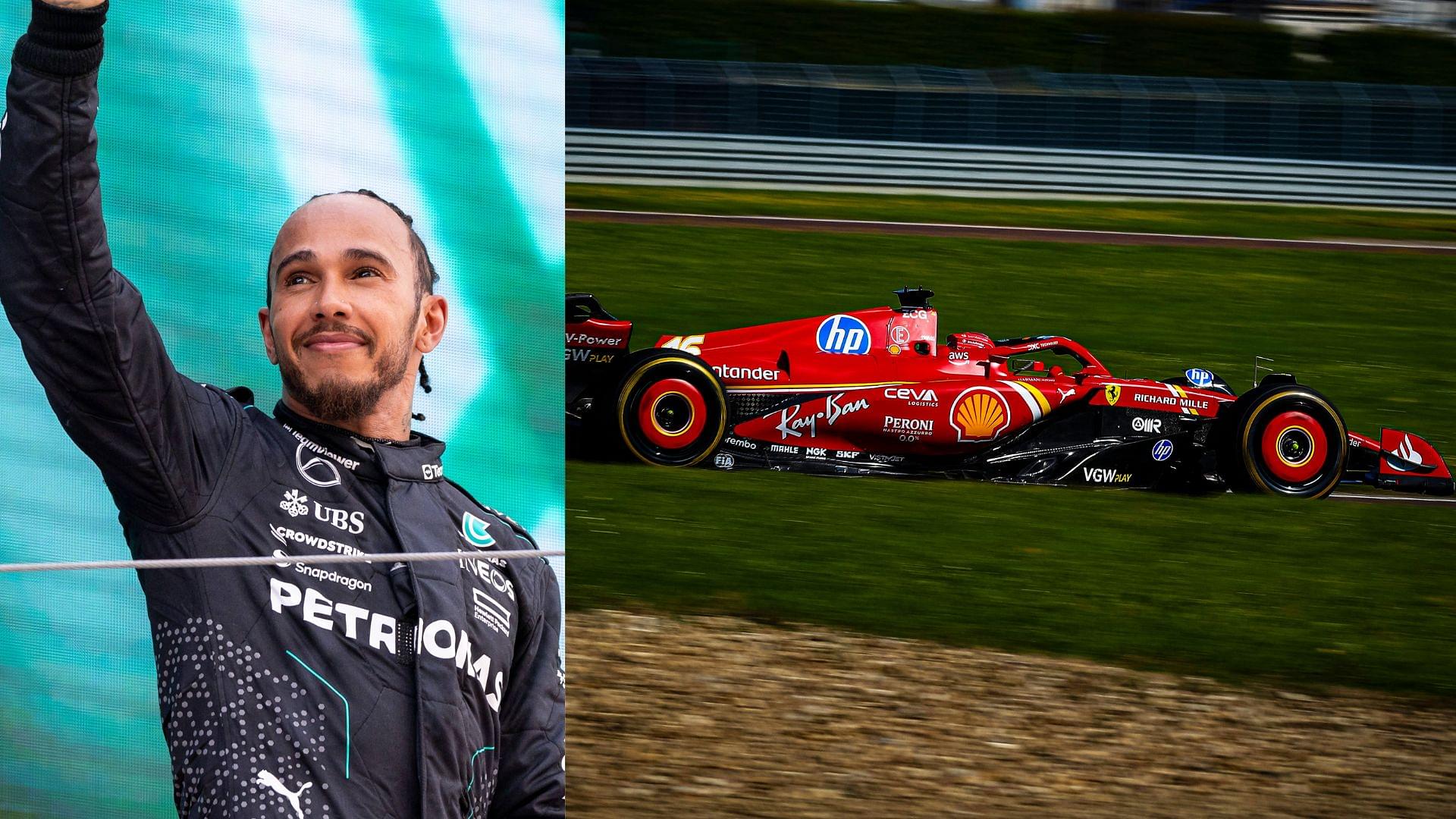 Lewis Hamilton (L) and Ferrari's F1 car at Fiorano (R)