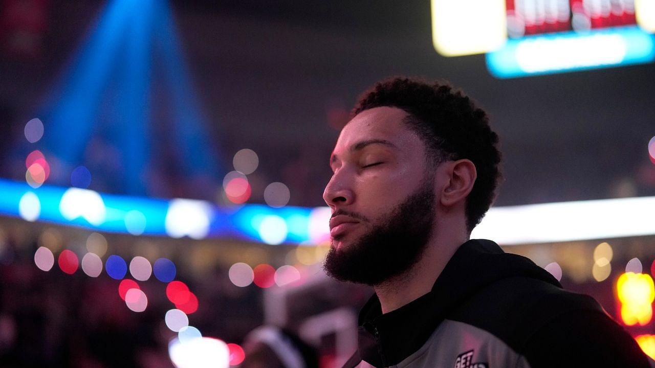 Brooklyn Nets point guard Ben Simmons (10) stands for the National Anthem before the game against the Portland Trail Blazers at Moda Center.