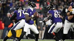 Baltimore Ravens quarterback Lamar Jackson (8) looks to pass in the second quarter against the Pittsburgh Steelers in an AFC wild card game at M&T Bank Stadium.