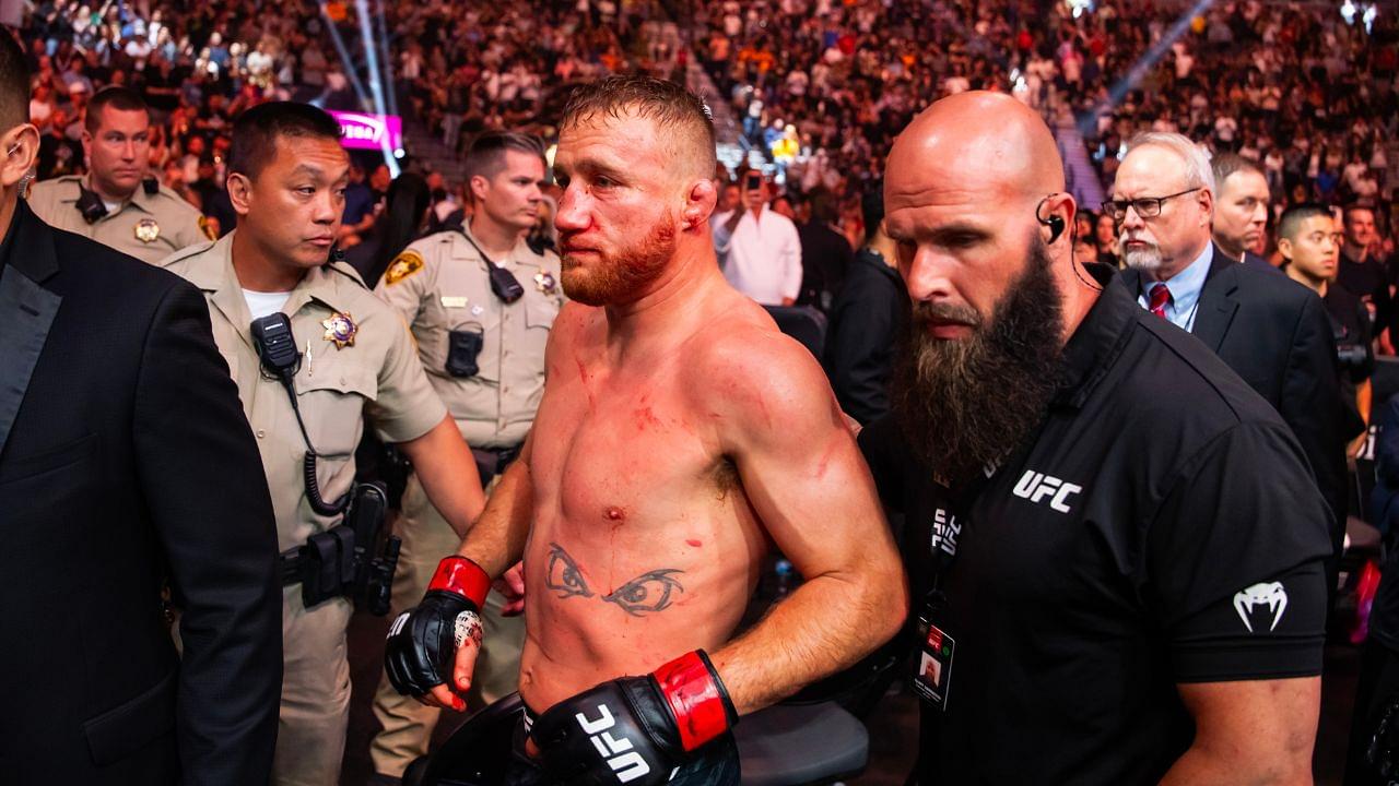 Justin Gaethje leaves the octagon after being knocked out by Max Holloway (not pictured) during UFC 300 at T-Mobile Arena.