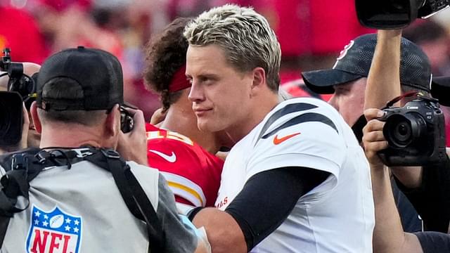 Cincinnati Bengals quarterback Joe Burrow (9) and Kansas City Chiefs quarterback Patrick Mahomes (15) hug at midfield after the fourth quarter of the NFL Week 2 game between the Kansas City Chiefs and the Cincinnati Bengals at Arrowhead Stadium in Kansas City on Sunday, Sept. 15, 2024. The Chiefs took a 26-25 win with a go-ahead field goal as time expired.