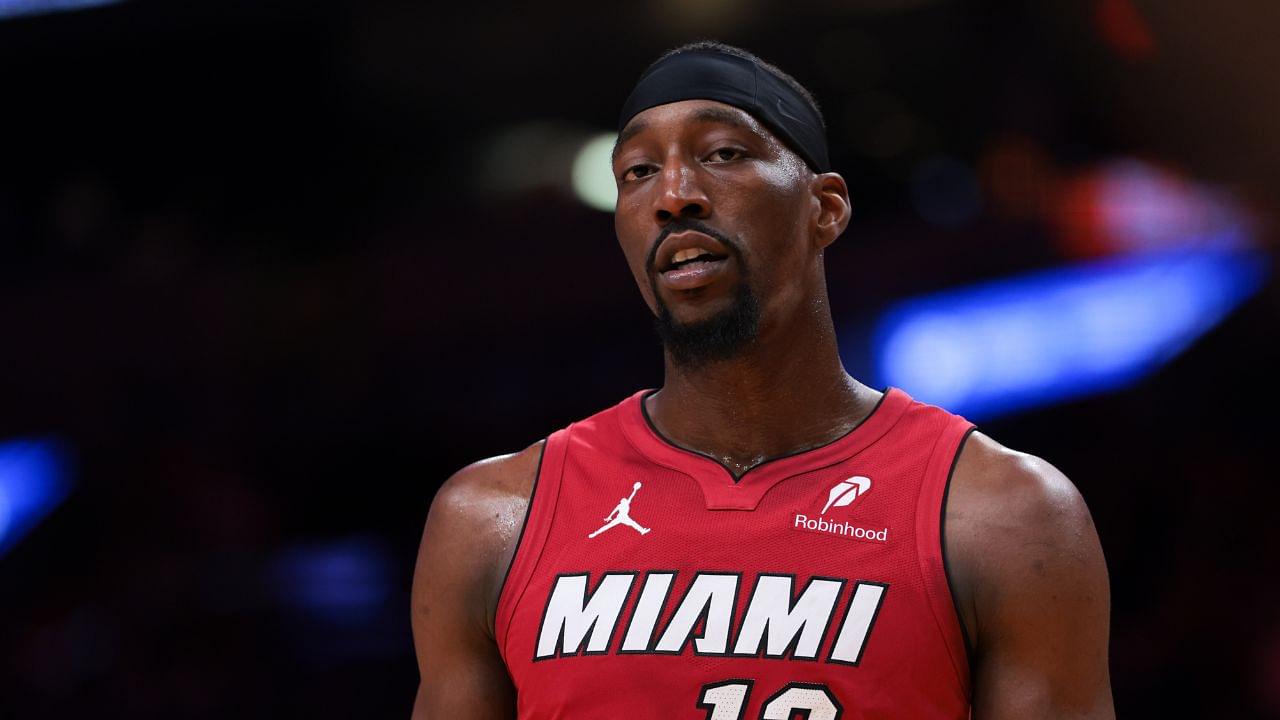 Miami Heat center Bam Adebayo (13) looks on from the court against the Portland Trail Blazers during the third quarter at Kaseya Center