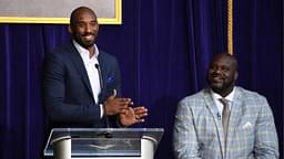 Kobe Bryant (left) speaks during ceremony to unveil statue of Los Angeles Lakers former center Shaquille O'Neal at Staples Center.