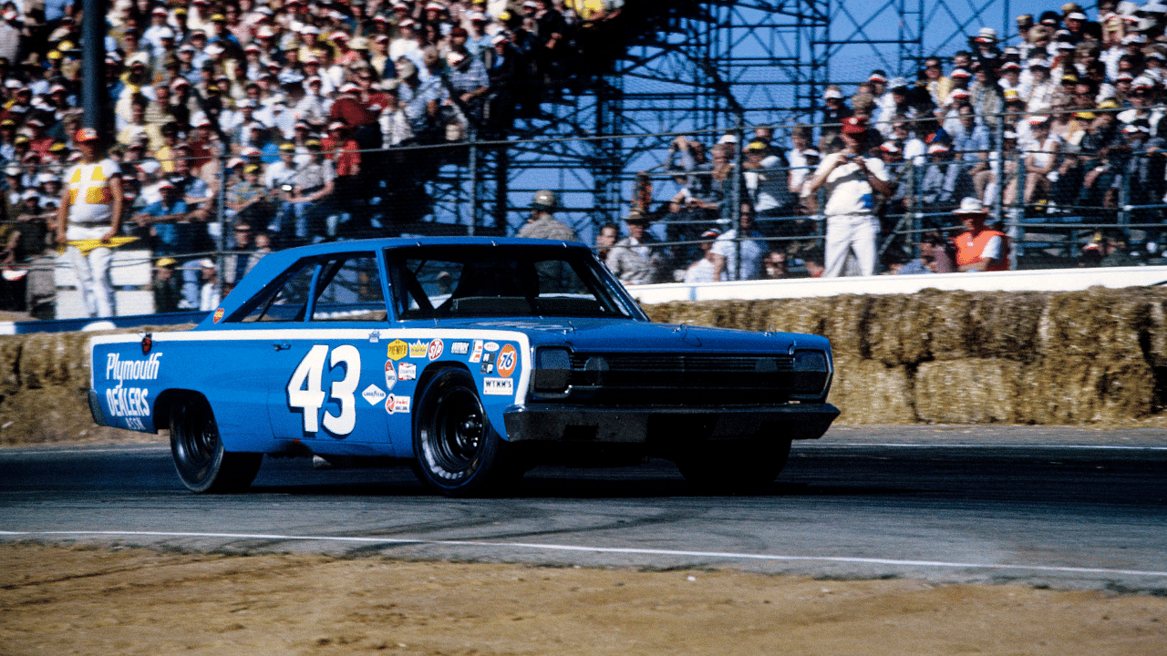 NASCAR Grand National Series driver Richard Petty (43) at the 1968 Motor Trend 500 at Riverside International Speedway.