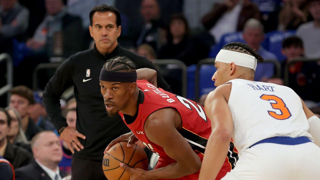 Miami Heat head coach Erik Spoelstra watches as Heat forward Jimmy Butler (22) controls the ball against New York Knicks guard Josh Hart (3) during the first quarter of game one of the 2023 NBA Eastern Conference semifinal playoffs at Madison Square Garden.