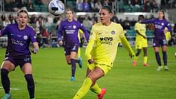 Washington Spirit forward Trinity Rodman (2) watches the ball against Orlando Pride midfielder Coriana Dyke (31) during the second half in the 2024 NWSL Championship match at CPKC Stadium.