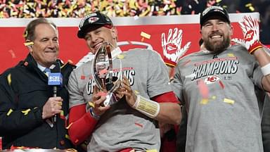 Jan 26, 2025; Kansas City, MO, USA; Kansas City Chiefs quarterback Patrick Mahomes (15) reacts after holding the Lamar Hunt Trophy after the AFC Championship game against the Buffalo Bills at GEHA Field at Arrowhead Stadium.