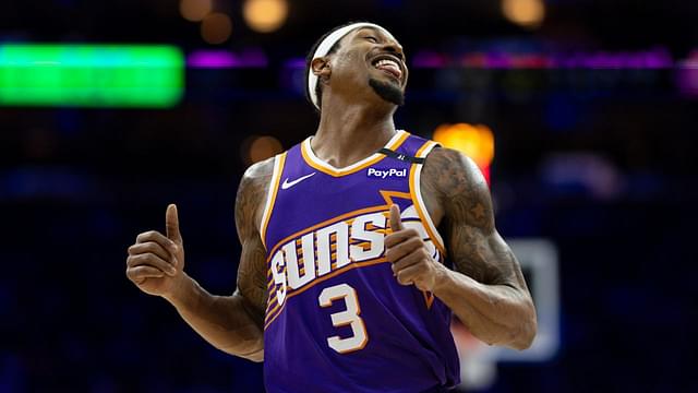 Phoenix Suns guard Bradley Beal (3) reacts after a play against the Philadelphia 76ers during the third quarter at Wells Fargo Center.