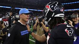 Jan 11, 2025; Houston, Texas, USA; Houston Texans quarterback C.J. Stroud (7) hugs Los Angeles Chargers head coach Jim Harbaugh after defeating the Los Angeles Chargers in an AFC wild card game at NRG Stadium.