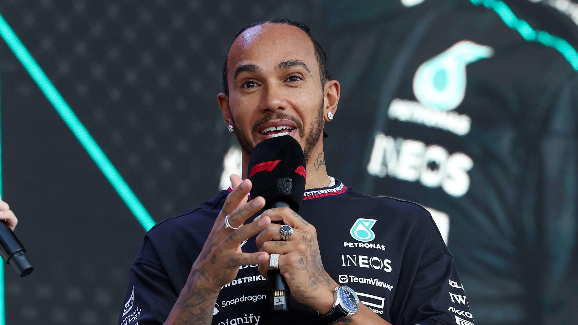 AUSTIN, TX - OCTOBER 19: Mercedes AMG Petronas F1 Team driver Lewis Hamilton (44) of the United Kingdom speaks as the Fan Forum before the Sprint Race of the Formula 1 Pirelli United States Grand Prix