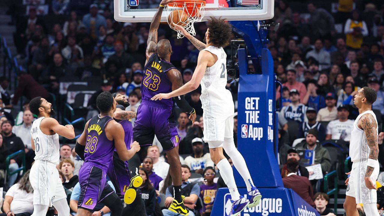 Los Angeles Lakers forward LeBron James (23) dunks past Dallas Mavericks center Dereck Lively II (2) during the first quarter at American Airlines Center.