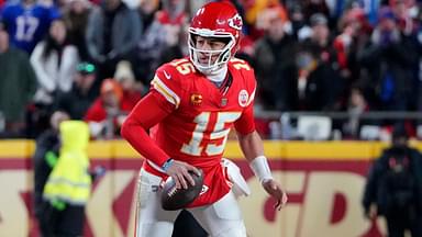 Jan 26, 2025; Kansas City, MO, USA; Kansas City Chiefs quarterback Patrick Mahomes (15) rushes the ball against the Buffalo Bills during the second half in the AFC Championship game at GEHA Field at Arrowhead Stadium.