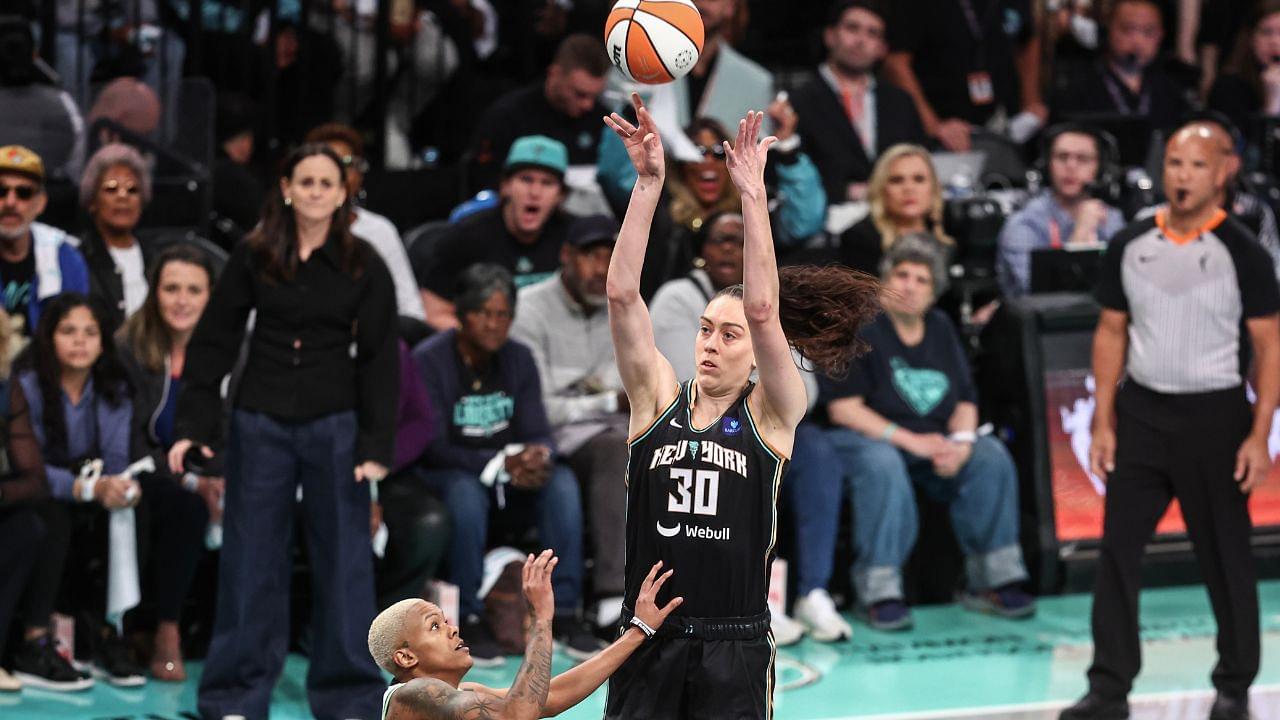 New York Liberty forward Breanna Stewart (30) shoots over Minnesota Lynx guard Courtney Williams (10) in the first quarter during game five of the 2024 WNBA Finals at Barclays Center.