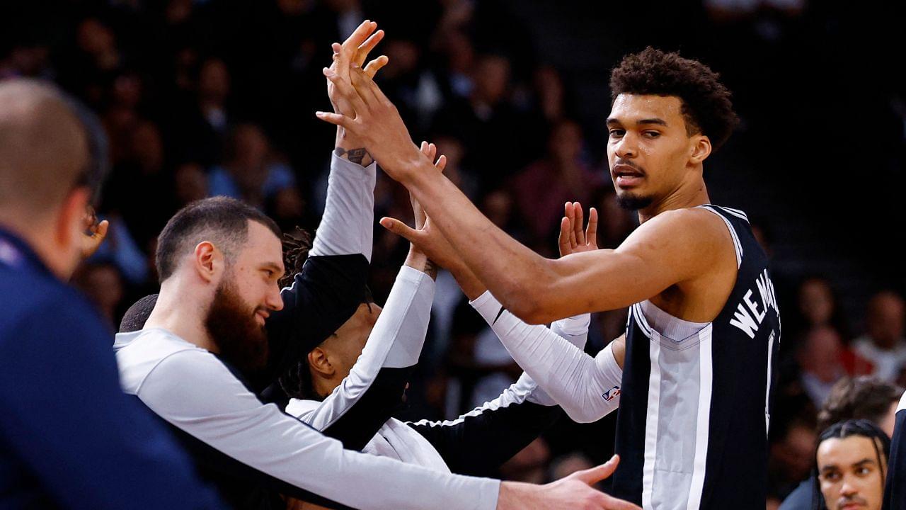 San Antonio Spurs players Victor Wembanyama and Sandro Mamukelashvili celebrate against the Indiana Pacers in the Paris Games 2025 NBA basketball game at Accor Arena.