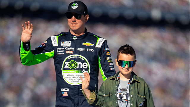 Feb 19, 2024; Daytona Beach, Florida, USA; NASCAR Cup Series driver Kyle Busch with son Brexton Busch during the Daytona 500 at Daytona International Speedway. Mandatory Credit: Mark J. Rebilas-Imagn Images