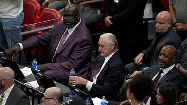 Shaquille O'Neal, Pat Riley and Alonzo Mourning during the second half of game three of the Eastern Conference Finals between the Boston Celtics and Miami Heat for the 2023 NBA playoffs at Kaseya Center.