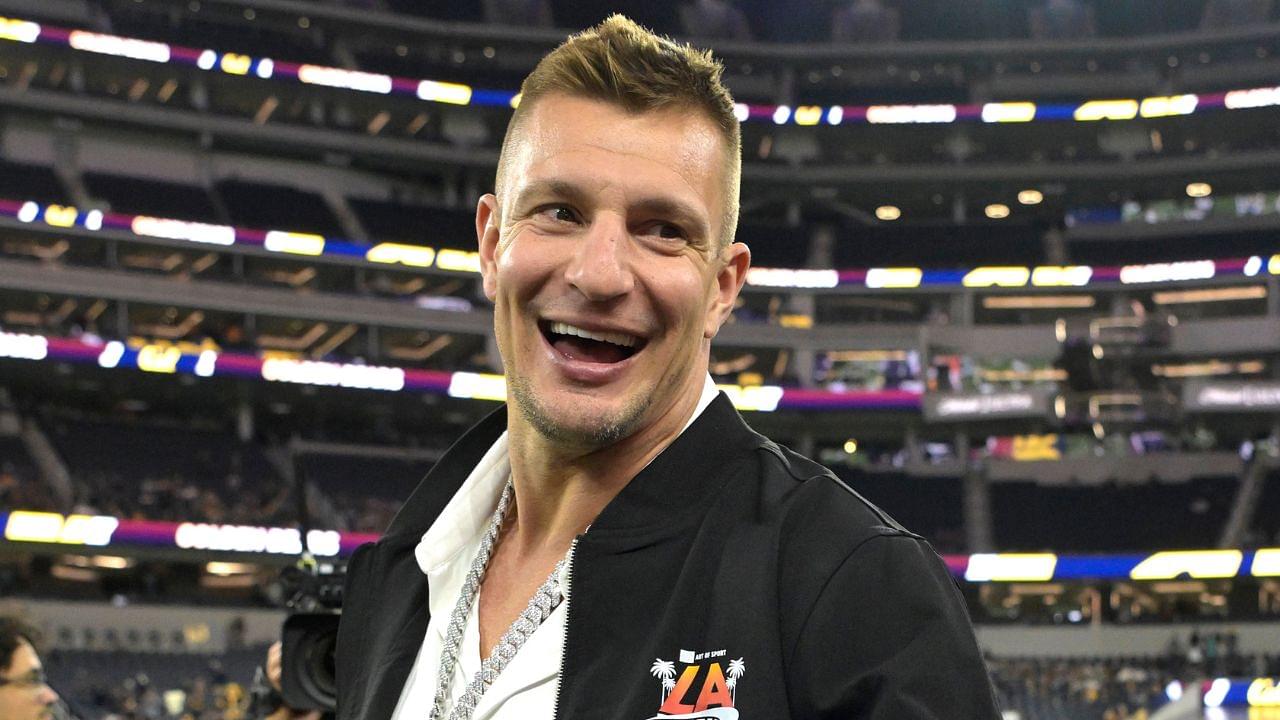 Rob Gronkowski on the field prior to the LA Bowl game between the California Golden Bears and the UNLV Rebels in the LA Bowl at SoFi Stadium.