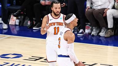 New York Knicks guard Josh Hart (3) celebrates with guard Jalen Brunson (11) in the fourth quarter against the Philadelphia 76ers in game one of the first round for the 2024 NBA playoffs at Madison Square Garden.