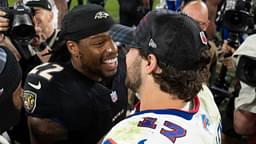 Sep 29, 2024; Baltimore, Maryland, USA; Buffalo Bills quarterback Josh Allen (17) speaks with Baltimore Ravens running back Derrick Henry (22) and quarterback Lamar Jackson (8) after the game during the second half at M&T Bank Stadium.