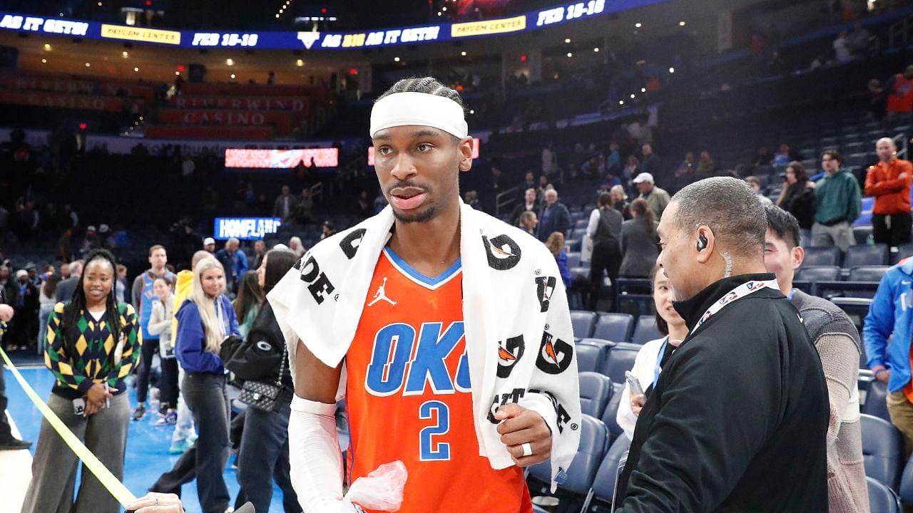 Oklahoma City Thunder guard Shai Gilgeous-Alexander (2) walks off the court after talking to a fan at the end of their game against the Cleveland Cavaliers at Paycom Center.