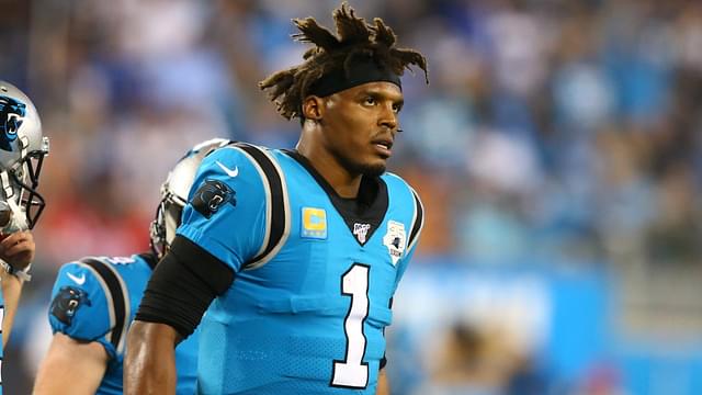 Sep 12, 2019; Charlotte, NC, USA; Carolina Panthers quarterback Cam Newton (1) walks off the field during the second quarter against the Tampa Bay Buccaneers at Bank of America Stadium.