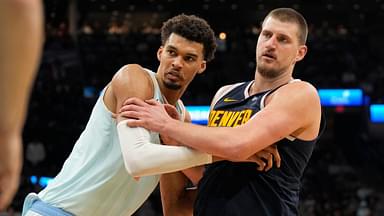 San Antonio Spurs center Victor Wembanyama (1) and Denver Nuggets center Nikola Jokic (15) battle for position during an inbound pass in the second half at Frost Bank Center.