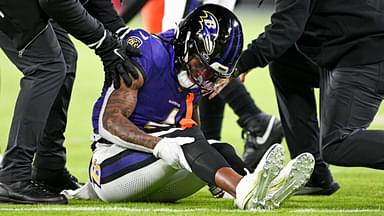 Jan 4, 2025; Baltimore, Maryland, USA; Baltimore Ravens wide receiver Zay Flowers (4) reacts after a tackle during the first quarter against the Cleveland Browns at M&T Bank Stadium.