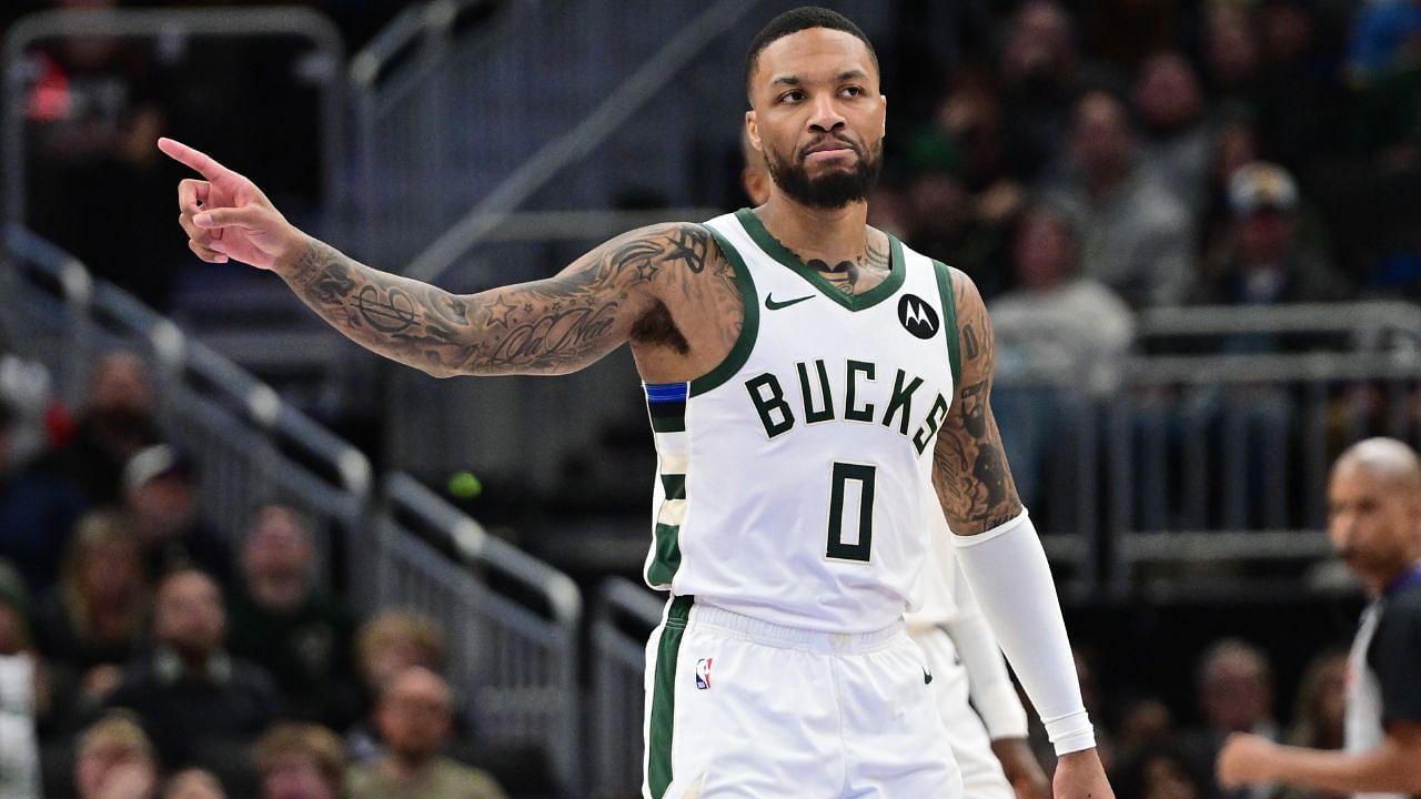 Milwaukee Bucks guard Damian Lillard (0) gestures in the third quarter against the Portland Trail Blazers at Fiserv Forum.