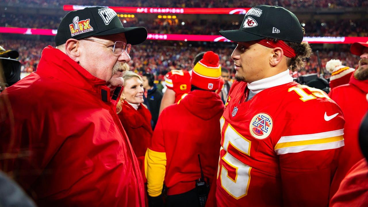 Kansas City Chiefs head coach Andy Reid (left) with quarterback Patrick Mahomes (15) after defeating the Buffalo Bills in the AFC Championship game at GEHA Field at Arrowhead Stadium.