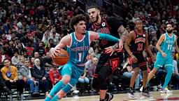 Chicago Bulls guard Lonzo Ball (2) defends Charlotte Hornets guard LaMelo Ball (1) during the second half at United Center.