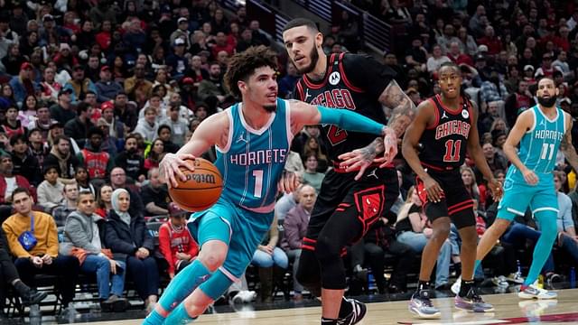 Chicago Bulls guard Lonzo Ball (2) defends Charlotte Hornets guard LaMelo Ball (1) during the second half at United Center.