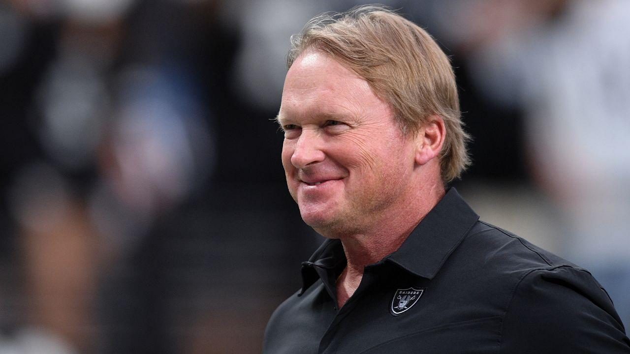 Las Vegas Raiders manager Jon Gruden looks on before the game Seattle Seahawks at Allegiant Stadium.