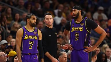 Los Angeles Lakers head coach JJ Redick with guard Gabe Vincent (7) and forward Anthony Davis (3) against the Phoenix Suns at Footprint Center