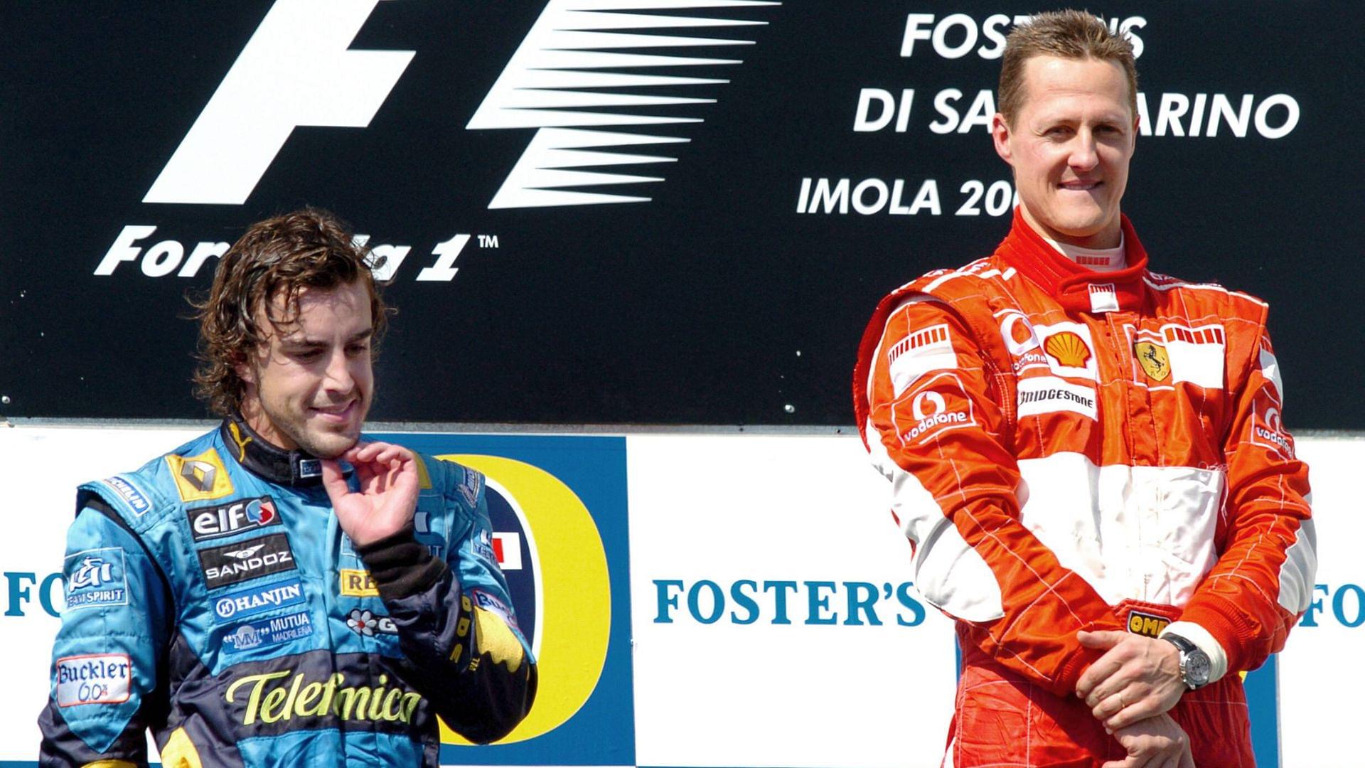 Winner Michael Schumacher (Germany Ferrari, right) next to Fernando Alonso (Spain Renault) Motorsport Grand Prix Men's Grand Prix of San Marino 2006, Formula 1 World Championship