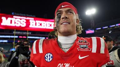 Mississippi Rebels quarterback Jaxson Dart (2) celebrates after beating the Duke Blue Devils in the Gator Bowl at EverBank Stadium.