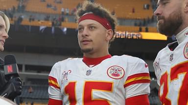 Dec 25, 2024; Pittsburgh, Pennsylvania, USA; Netflix reporter Stacey Dales (left) interviews Kansas City Chiefs quarterback Patrick Mahomes (15) and tight end Travis Kelce (87) after the Chief defeated the Pittsburgh Steelers at Acrisure Stadium.