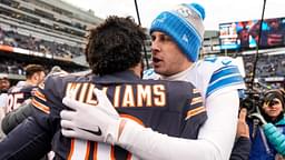 Detroit Lions quarterback Jared Goff (16) hugs Chicago Bears quarterback Caleb Williams (18) after 34-17 win at Soldier Field in Chicago, Ill. on Sunday, Dec. 22, 2024.