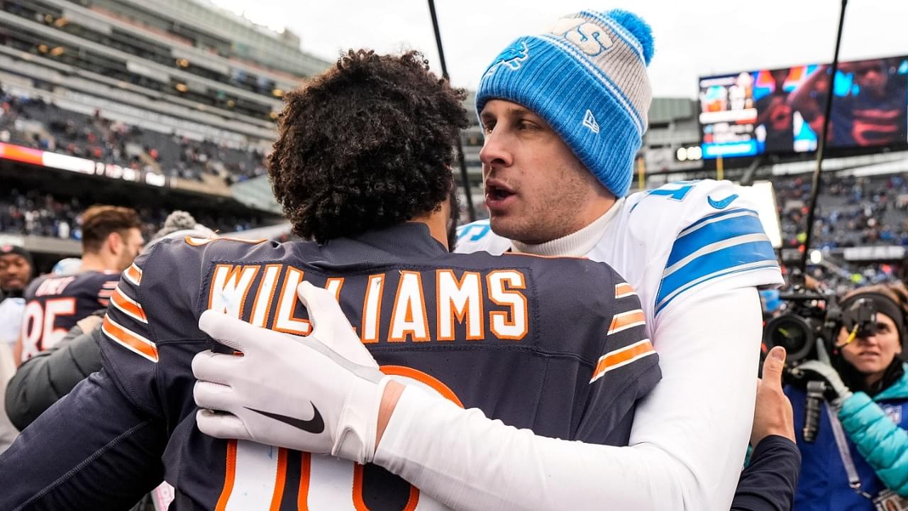 Detroit Lions quarterback Jared Goff (16) hugs Chicago Bears quarterback Caleb Williams (18) after 34-17 win at Soldier Field in Chicago, Ill. on Sunday, Dec. 22, 2024.