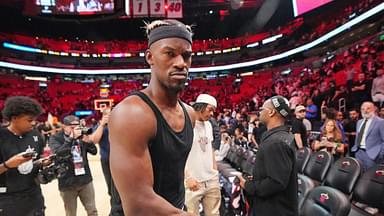 Miami Heat forward Jimmy Butler (22) walks off the court after greeting court-side friends following the victory over the San Antonio Spurs at Kaseya Center.