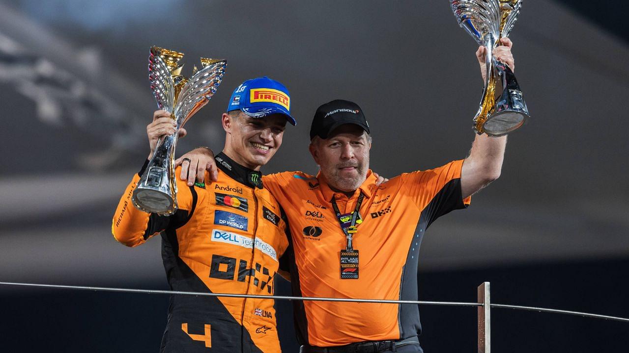 8.December.2024; Lando Norris and Zak Brown of McLaren F1 Team celebrate win on the podium during Formula One Abu Dhabi GP