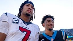 Houston Texans quarterback C.J. Stroud (7) and Carolina Panthers quarterback Bryce Young (9) after the game at Bank of America Stadium.