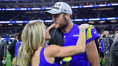 Los Angeles Rams quarterback Matthew Stafford (9) with wife Kelly Hall after defeating the San Francisco 49ers in the NFC Championship Game at SoFi Stadium.