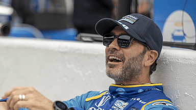 Chip Ganassi Racing driver Jimmie Johnson (48) sits in his pits before the top 12 qualifying practice for the qualifying of the 106th Indianapolis 500 at the Indianapolis Motor Speedway.